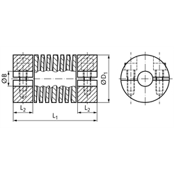 Ausgleichskupplung LA aus Aluminium max. Drehmoment 5,3Nm Gesamtlänge 26,50mm Aussendurchmesser 19,05mm beidseitig Bohrung 8mm , Technische Zeichnung