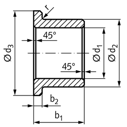 Bundbuchse ähnlich DIN 1850-3 Form V aus Sinterbronze Bohrung 14mm Außendurchmesser 18mm Bunddurchmesser 22mm Länge 14mm, Technische Zeichnung