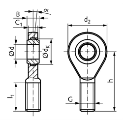 Gelenkkopf GAW DIN 12240-4 Maßreihe E Außengewinde M56x4 rechts wartungsfrei, Technische Zeichnung