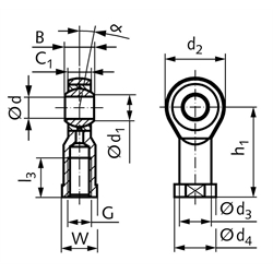 Gelenkkopf GT-R DIN ISO 12240-4 Maßreihe K Innengewinde M22x1,5 rechts wartungsfrei und rostfrei, Technische Zeichnung