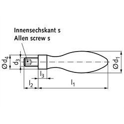 Fester Ballengriff DIN 39 Al Durchmesser 32mm Ausführung E mit Gewindezapfen M12 Aluminium poliert , Technische Zeichnung