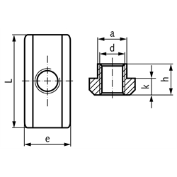 Muttern ähnlich DIN 508 für T-Nuten DIN 650, lange Form, Edelstahl, Technische Zeichnung