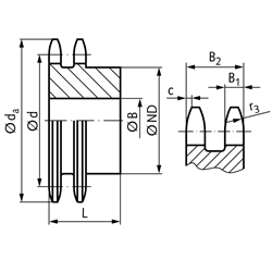 Zweifach-Kettenrad ZRG mit einseitiger Nabe 10 B-2 5/8x3/8" 19 Zähne Mat. Stahl Zähne induktiv gehärtet, Technische Zeichnung