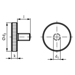 Flache Rändelschraube DIN 653 M8 x 20mm lang Stahl Festigkeit 5.8 brüniert, Technische Zeichnung