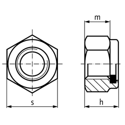 Sechskantmutter DIN 982 (ähnlich DIN EN ISO 7040) mit Klemmteil aus Polyamid M8 Stahl verzinkt Festigkeit 8, Technische Zeichnung
