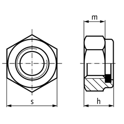Sechskantmutter DIN 985 (ähnlich DIN EN ISO 10511) mit Klemmteil aus Polyamid M3 Edelstahl A4, Technische Zeichnung