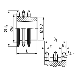 Dreifach-Kettenrad DRT 12 B-3 3/4x7/16" 19 Zähne Material Stahl für Taper-Spannbuchse Typ 2012, Technische Zeichnung