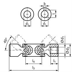 Doppel-Wellengelenk WDL ähnlich DIN808 beidseitig Bohrung 18H7 mit Nut DIN 6885-1 Toleranz JS9, Technische Zeichnung