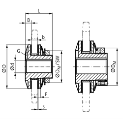 Rutschnabe FS Drehmoment einstellbar 50-300 Nm vorgebohrt 19H8 Außendurchmesser 127mm max. Bohrung: 40mm Buchsenlänge 16mm, Technische Zeichnung