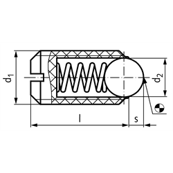 Federndes Druckstück M10 Ausführung P mit Kugel und Schlitz Hülse und Kugel aus POM, Technische Zeichnung