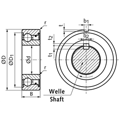 Kugellager-Freilauf BB30-2K-K Innen-Ø 30mm Außen-Ø 62mm Breite 16mm mit Nut am Innenring und Außenring, Technische Zeichnung