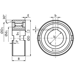 Einbau-Freilauf TFS-45 Innen-Ø 45mm Außen-Ø 100mm Breite 36mm mit Nut am Innenring und radialen Nuten am Außenring, Technische Zeichnung