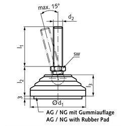 Gelenkfuss 344.5 Form N M20 x 158mm lang Tellerdurchmesser 100mm Schraube aus Edelstahl , Technische Zeichnung