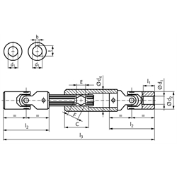 Ausziehbare Präzisionsgelenkwelle PWR beidseitig Bohrung 10H7 zusammengeschobene Länge 215mm max. Länge 245mm Edelstahl 1.4301
Außendurchmesser 22mm, Technische Zeichnung