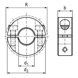 Geteilter Klemmring aus Aluminium eloxiert Bohrung 5mm mit Schrauben DIN 912 A2-70 , Technische Zeichnung