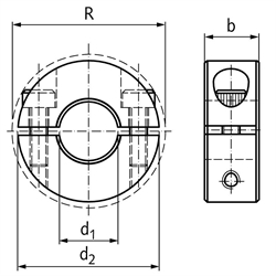 Geteilter Klemmring Edelstahl 1.4305 Bohrung 1,375 Zoll = 34,925mm mit Schrauben DIN 912 A2-70, Technische Zeichnung