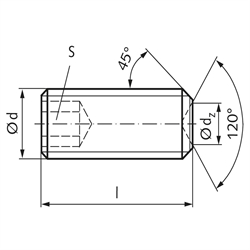 Gewindestift ISO 4029 (ex DIN 916) mit Innensechskant und Ringschneide Edelstahl A2 M10 x 20mm, Technische Zeichnung