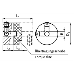 Drehstarre Kupplung HZD Durchgangsbohrung 8mm max. Drehmoment 4,0 Nm Außendurchmesser 25,4mm , Technische Zeichnung