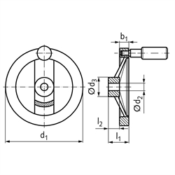 Speichen-Handrad 320 Ausführung N/G mit Griff Durchmesser 125mm mit Bohrung 12H7 und Nut, Technische Zeichnung