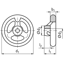 Speichen-Handrad DIN 950 aus Aluminium 3 Speichen Ausführung N/A Durchmesser 125mm mit Bohrung 13H7 und Nut, Technische Zeichnung