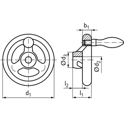 Speichen-Handrad DIN 950 aus Grauguss 5 Speichen Kranz gedreht und poliert Ausführung B/G Durchmesser 360mm mit Gewindeauge für Ballengriff, Technische Zeichnung