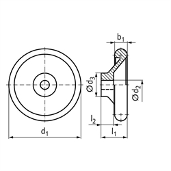 Scheiben-Handrad ähnlich DIN 950 aus Aluminium Durchmesser 280mm , Technische Zeichnung