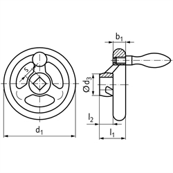 Speichen-Handrad DIN 950 aus Grauguss 5 Speichen Kranz gedreht und poliert Ausführung V/G Durchmesser 315mm Vierkant 19mm mit Gewindeauge für Ballengriff , Technische Zeichnung