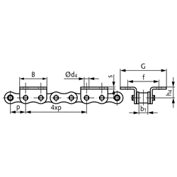 Winkellaschen-Rollenkette 08 B-1-K2, 4xp mit beidseitigen breiten Winkellaschen mit 2 Befestigungsbohrungen am Aussenglied im Abstand 4xp , Technische Zeichnung