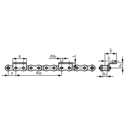 Winkellaschen-Rollenkette16 B-1-K2, 6xp mit einseitigen breiten Winkellaschen mit 2 Befestigungsbohrungen am Aussenglied im Abstand 6xp , Technische Zeichnung