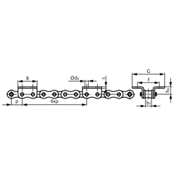 Winkellaschen-Rollenkette 10 B-1-K2, 6xp mit beidseitigen breiten Winkellaschen mit 2 Befestigungsbohrungen am Aussenglied im Abstand 6xp, Technische Zeichnung
