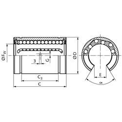 Offene Linearkugellager KB-3-ST-O ISO-Reihe 3 beidseitig abgedichtet für Wellen-Ø 40mm, Technische Zeichnung