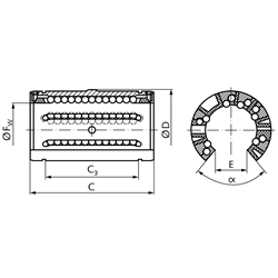 Offenes Linearkugellager KB-3-A ISO-Reihe 3 Premium mit Fluchtungsfehlerausgleich mit Dichtung für Wellen-Ø 40mm, Technische Zeichnung