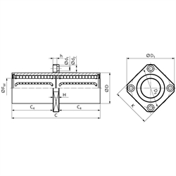 Tandem-Linearkugellager KBT-ST-VM mit mittigem viereckigem Flansch beidseitig abgedichtet für Wellen-Ø 30mm, Technische Zeichnung