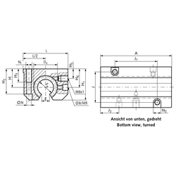 Tandem-Linearlagereinheit KGT-3-STO ISO-Reihe 3 mit Linear-Kugellagern mit Stahlmantel mit beids. Dichtung für Wellen-Ø 20mm offene Ausführung, Technische Zeichnung