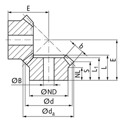 Kegelrad aus 1.4305 Modul 1 15 Zähne Übersetzung 3:1, Technische Zeichnung