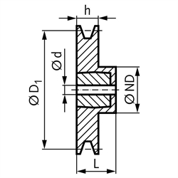Keilriemenscheibe aus Aluminium Profil XPA, SPA und A (13) 1-rillig Nenndurchmesser 90mm, Technische Zeichnung