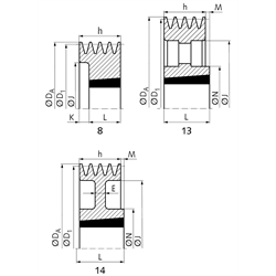 Keilriemenscheiben für Taper-Spannbuchsen, Profil B, SPB und XPB (17), 4-rillig, Technische Zeichnung