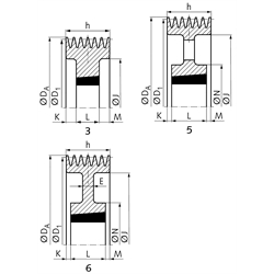 Keilriemenscheiben für Taper-Spannbuchsen, Profil C, SPC und XPC (22), 6-rillig, Technische Zeichnung