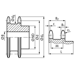 Doppel-Kettenrad ZRENG für 2 Einfach-Rollenketten 06 B-1 3/8x7/32" 19 Zähne Material Stahl Zähne gehärtet, Technische Zeichnung