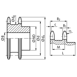 Doppel-Kettenrad ZRENG für 2 Einfach-Rollenketten 12 B-1 3/4x7/16" 16 Zähne Material Stahl Zähne gehärtet, Technische Zeichnung