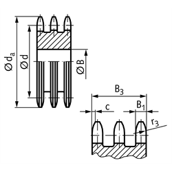 Dreifach-Kettenradscheibe DRL ohne Nabe 06 B-3 3/8x7/32" 18 Zähne Mat. Stahl , Technische Zeichnung