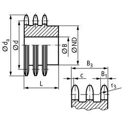 Dreifach-Kettenrad DRS mit einseitiger Nabe 12 B-3 3/4x7/16" 76 Zähne Mat. Grauguss , Technische Zeichnung