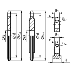 Kettenradscheiben KRL ohne Nabe, 081, Teilung 1/2 x 1/8", Technische Zeichnung
