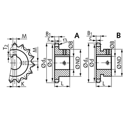 Kettenrad KRF mit einseitiger Nabe 12 B-1 19 Zähne Bohrung 42H7 Passfedernut DIN 6885/1 2 Stellschraubengewinde Material Stahl Zähne induktiv gehärtet, Technische Zeichnung