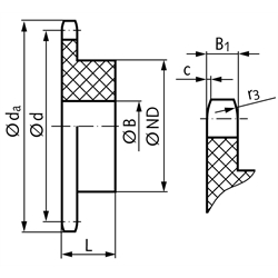 Kettenrad KRK mit einseitiger Nabe 08B-1 1/2x5/16" 21 Zähne Mat. Polyacetal , Technische Zeichnung