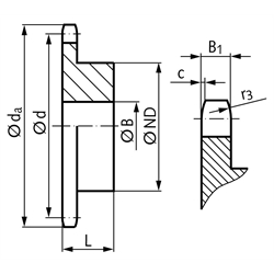 Kettenrad KRR mit einseitiger Nabe 12B-1 3/4x7/16" 25 Zähne Mat. 1.4301, Technische Zeichnung
