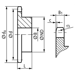 Kettenrad KRS mit einseitiger Nabe 20 B-1 1 1/4x3/4" 8 Zähne Mat. Stahl , Technische Zeichnung