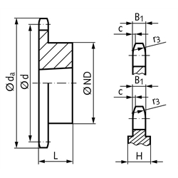 Kettenrad KRT 06 B-1 3/8x7/32" 19 Zähne Material Stahl für Taper-Spannbuchse Typ 1008 , Technische Zeichnung