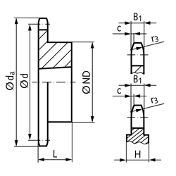 Kettenrad KRT 08 B-1 1/2x5/16" 57 Zähne Material Stahl für Taper-Spannbuchse Typ 2012 , Technische Zeichnung