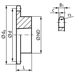 Kettenrad KRTG 16 B-1 1"x17,02mm 17 Zähne Material Stahl Verzahnung gehärtet für Taper-Spannbuchse Typ 2012 , Technische Zeichnung